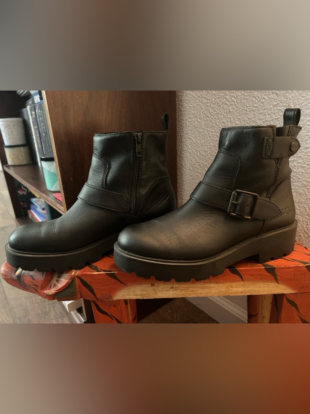 UGG Black Leather Buckle Ankle Boots - Picture 2 of 6